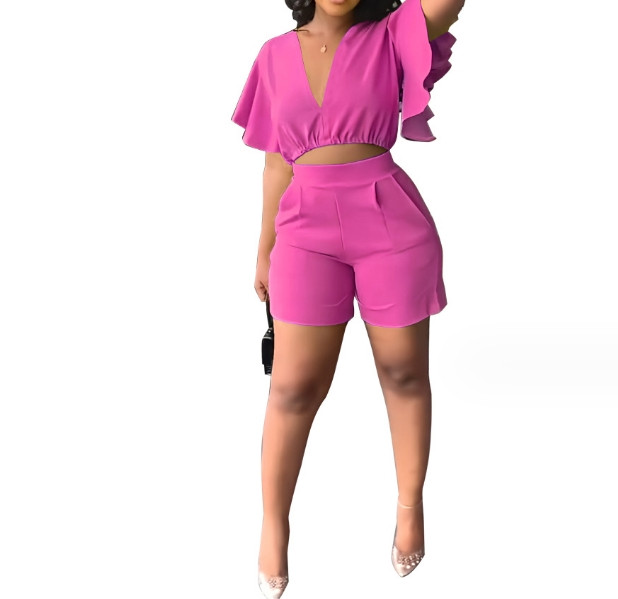 Ținute casual de vară pentru femei, din două piese, de culoare uni, cu decolteu în V, cu volan, cu mânecă scurtă, crop top și buzunare, set de pantaloni scurți de lucru cu picioare drepte