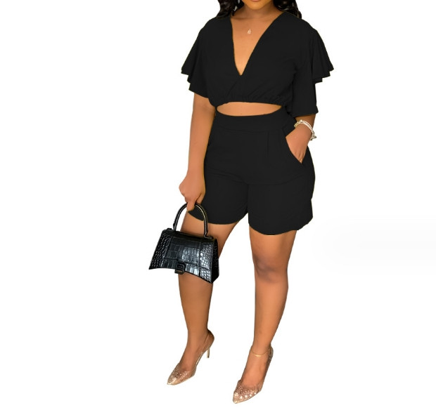 Ținute casual de vară pentru femei, din două piese, de culoare uni, cu decolteu în V, cu volan, cu mânecă scurtă, crop top și buzunare, set de pantaloni scurți de lucru cu picioare drepte