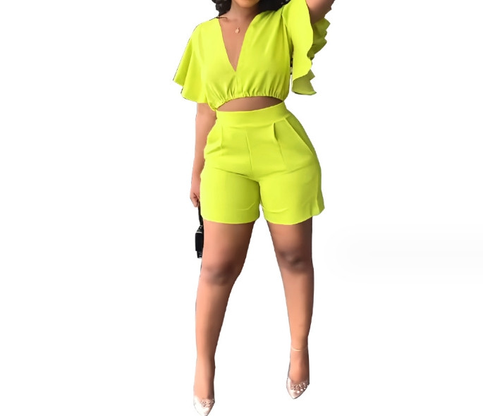 Ținute casual de vară pentru femei, din două piese, de culoare uni, cu decolteu în V, cu volan, cu mânecă scurtă, crop top și buzunare, set de pantaloni scurți de lucru cu picioare drepte