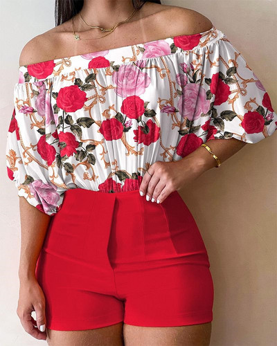 Žensko novo modno odijelo s printom, kratkih rukava, ukošenog izreza s otvorenim ramenima i naborima, gornji dijelovi kratkih hlača s džepovima, dvodijelni set, ležerna ženska odjeća