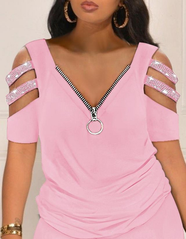 Ikdienas divdaļīgs komplekts Sieviešu apģērbs Vasaras sieviešu uzvalks ar īsām piedurknēm Rhinestone auksts plecu tops un šortu komplekts ar augstu vidukli