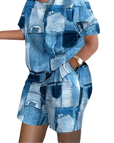 Moteriški laisvalaikio trumpų rankovių dviejų dalių komplektai Moteriška apranga 2023 m. vasaros raidėmis margintas kišeninis kostiumas moteriškas marškinėliai šortai 2 dalių rinkinys