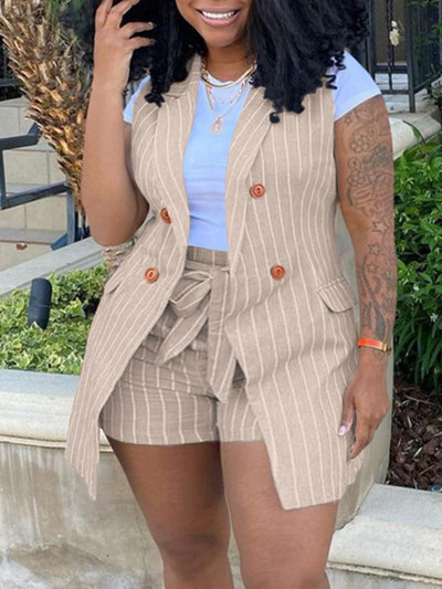 LW Plus Size Femei Haine Office Lady Design Bandage în dungi în două piese Costum mic Vestă Set Jachetă + Pantaloni scurți (Fără tricou)