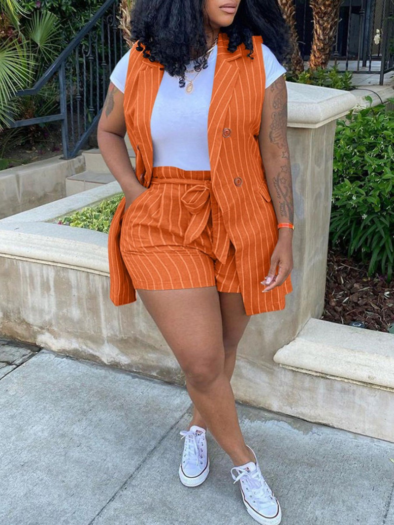 LW Plus Size Femei Haine Office Lady Design Bandage în dungi în două piese Costum mic Vestă Set Jachetă + Pantaloni scurți (Fără tricou)
