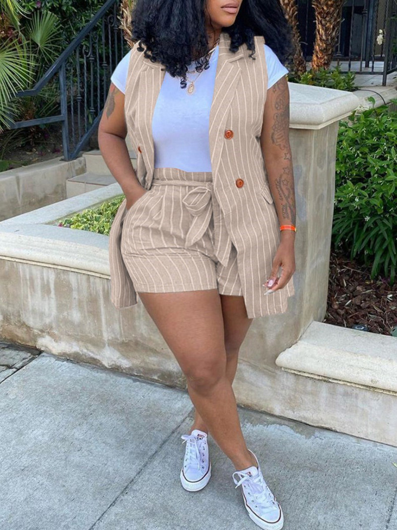 LW Plus Size Femei Haine Office Lady Design Bandage în dungi în două piese Costum mic Vestă Set Jachetă + Pantaloni scurți (Fără tricou)