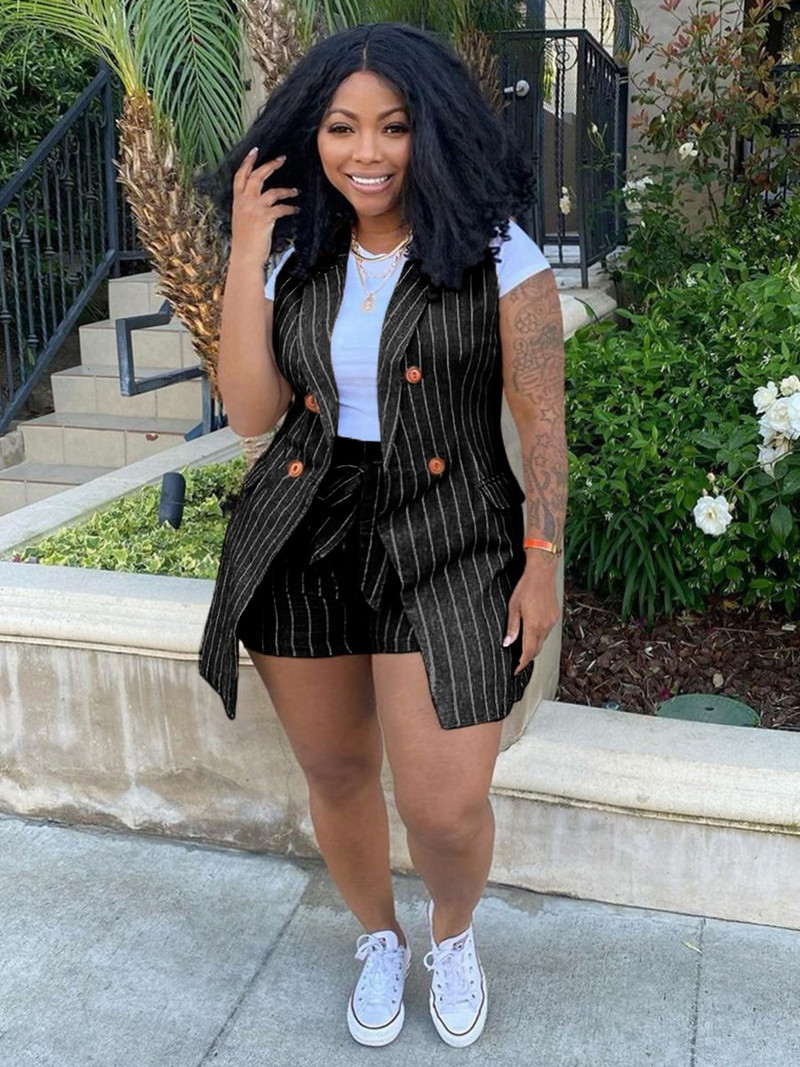 LW Plus Size Femei Haine Office Lady Design Bandage în dungi în două piese Costum mic Vestă Set Jachetă + Pantaloni scurți (Fără tricou)