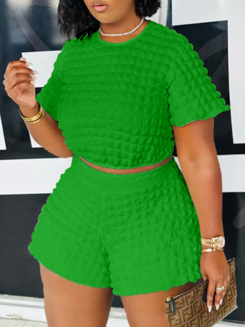 Set de două piese de vară LW Plus Size Crop Top Waffle Tricot Pantaloni scurți Femei Vară Tricou cu mânecă scurtă și pantaloni scurți Costume pentru femei