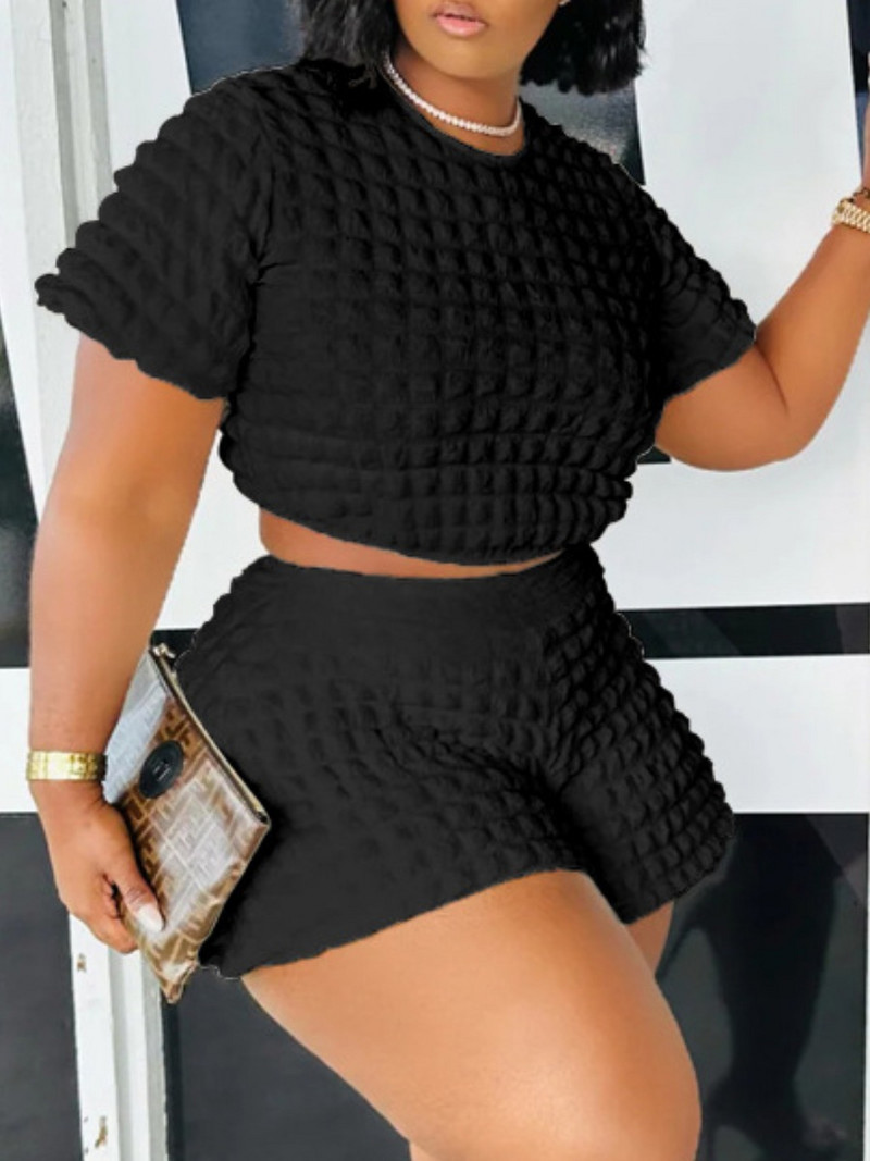 Set de două piese de vară LW Plus Size Crop Top Waffle Tricot Pantaloni scurți Femei Vară Tricou cu mânecă scurtă și pantaloni scurți Costume pentru femei