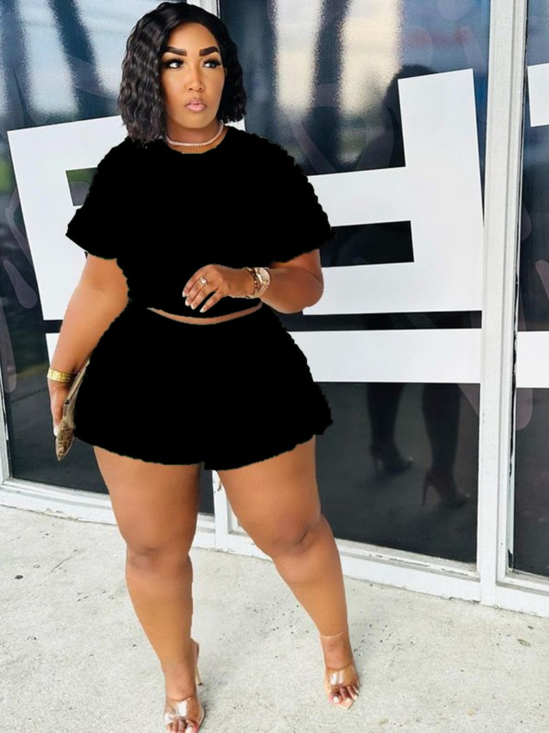 Set de două piese de vară LW Plus Size Crop Top Waffle Tricot Pantaloni scurți Femei Vară Tricou cu mânecă scurtă și pantaloni scurți Costume pentru femei