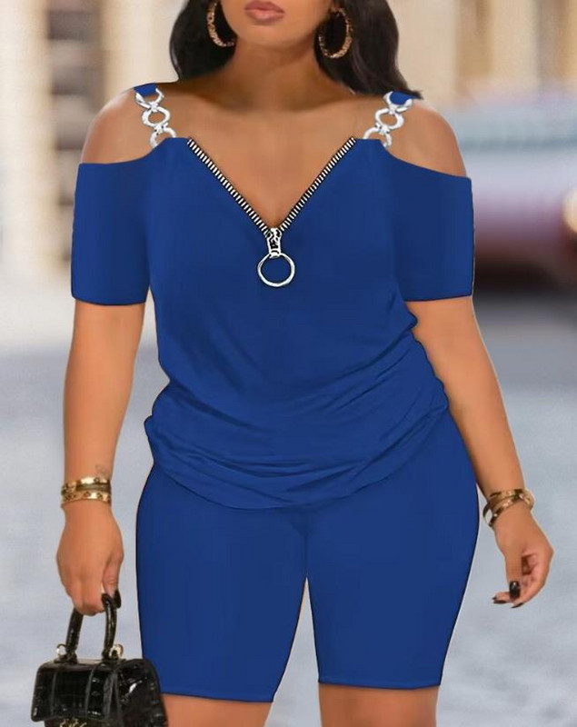 Noua modă 2023, vară ocazională, set de două piese pentru femei, ținută elegantă, cu umăr rece, cu fermoar, set de top și pantaloni scurți