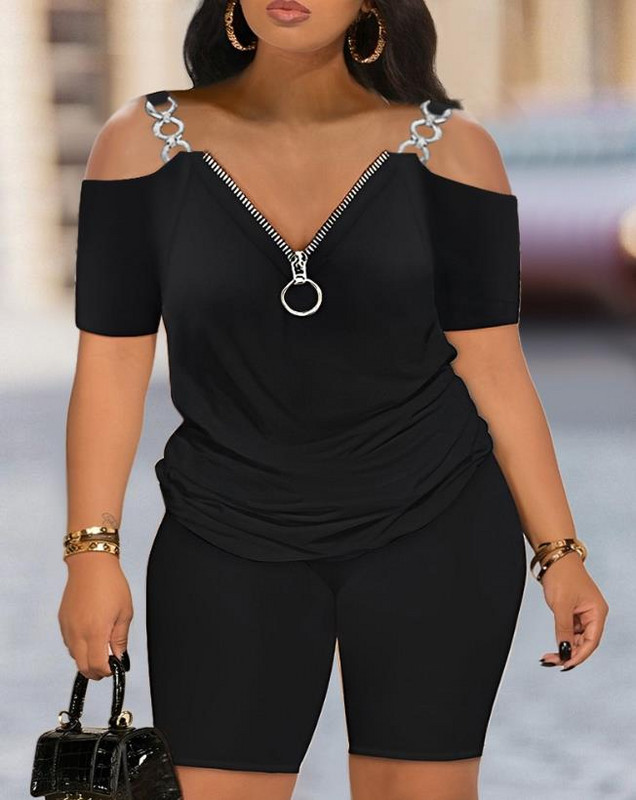 Noua modă 2023, vară ocazională, set de două piese pentru femei, ținută elegantă, cu umăr rece, cu fermoar, set de top și pantaloni scurți