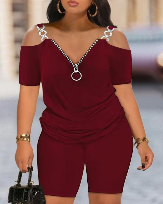 Noua modă 2023, vară ocazională, set de două piese pentru femei, ținută elegantă, cu umăr rece, cu fermoar, set de top și pantaloni scurți