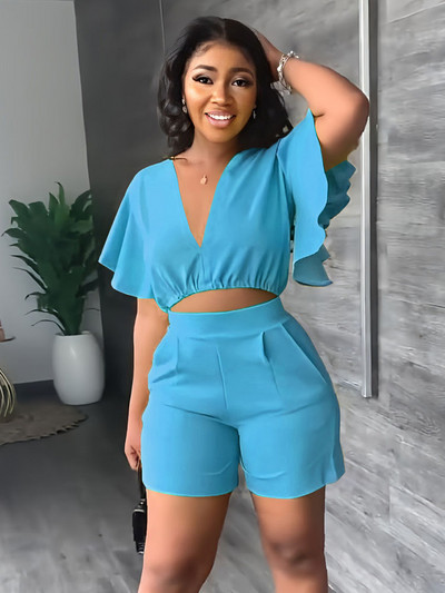 Vasaras V kakla īsie topi Sieviešu komplekts Vienkrāsains Modes Punktas ar īsām piedurknēm Ikdienas šorti Uzvalks Sieviešu Biroja Divdaļīgs Komplekts