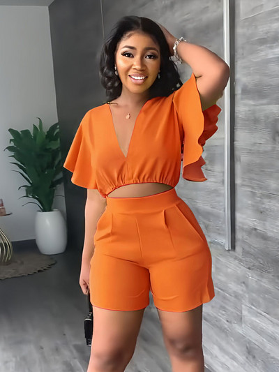 Vasaras V kakla īsie topi Sieviešu komplekts Vienkrāsains Modes Punktas ar īsām piedurknēm Ikdienas šorti Uzvalks Sieviešu Biroja Divdaļīgs Komplekts