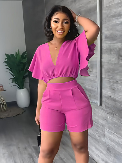 Vasaras V kakla īsie topi Sieviešu komplekts Vienkrāsains Modes Punktas ar īsām piedurknēm Ikdienas šorti Uzvalks Sieviešu Biroja Divdaļīgs Komplekts