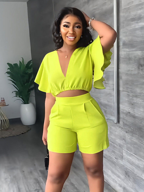 Vasaras V kakla īsie topi Sieviešu komplekts Vienkrāsains Modes Punktas ar īsām piedurknēm Ikdienas šorti Uzvalks Sieviešu Biroja Divdaļīgs Komplekts