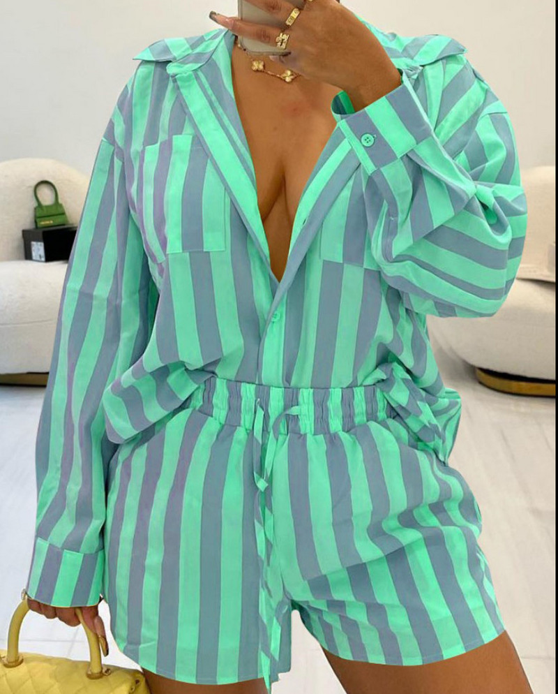 Ljetni kompleti kratkih hlača 2024. Ženske košulje s prugastim printom dugih rukava Kratke hlače s uzicom Dvodijelni set Ležerna široka ženska odijela s hlačama