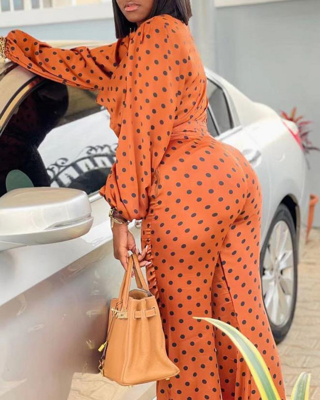 Sieviešu ikdienas uzvalks, 2024. gada pavasara/vasaras jaunākās modes ar polka punktu apdruku, laternas piedurknēm, šķībām kakla daļām un ikdienas daudzpusīgs bikšu komplekts