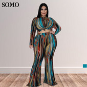 SOMO Molett Női Ruházat Őszi divat Nyomtatott hosszú ujjú Crop felsők Kétrészes nadrág Alkalmi szettek Nagykereskedelmi Dropshipping