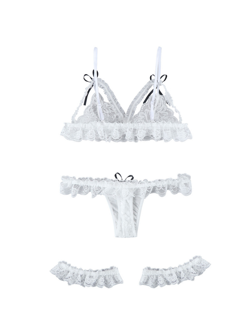 „WangsCanis“ moteriški apatinio trikotažo rinkiniai dviejų dalių „Babydoll“ apatiniai balti ir „Bowknot“ nėriniai, seksualūs moteriški naktiniai drabužiai