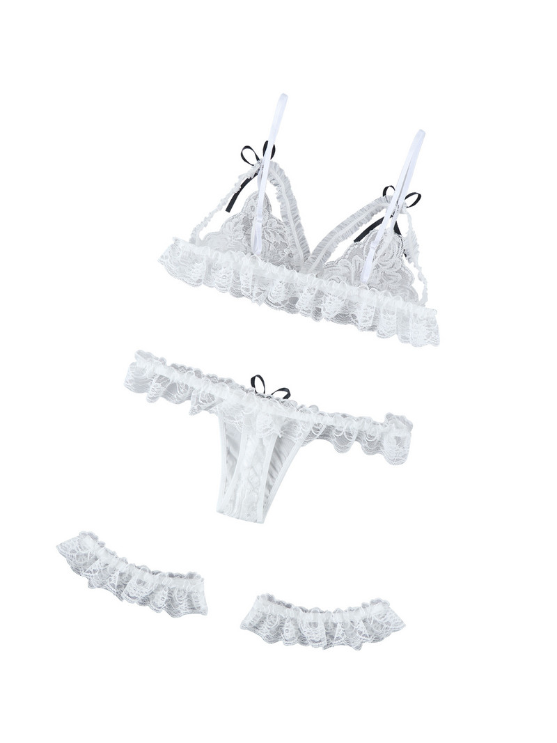 „WangsCanis“ moteriški apatinio trikotažo rinkiniai dviejų dalių „Babydoll“ apatiniai balti ir „Bowknot“ nėriniai, seksualūs moteriški naktiniai drabužiai