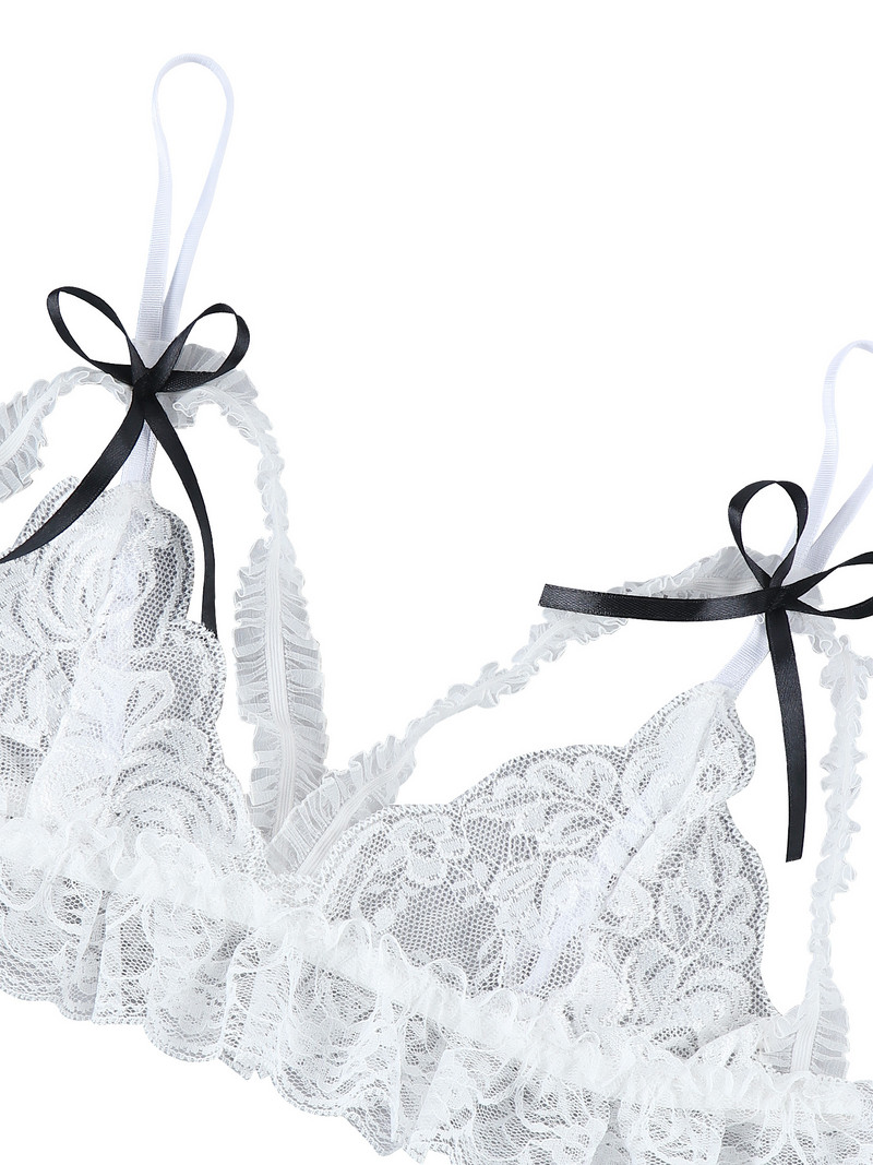 „WangsCanis“ moteriški apatinio trikotažo rinkiniai dviejų dalių „Babydoll“ apatiniai balti ir „Bowknot“ nėriniai, seksualūs moteriški naktiniai drabužiai