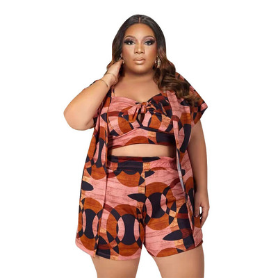 Wmstar Plus Size 3 dalių rinkinys Moteriški drabužiai Vasariniai drabužiai Spausdinti Šortai Rinkiniai Marškinėliai Tinkantis Kostiumas Didmeninė prekyba 2022 m.