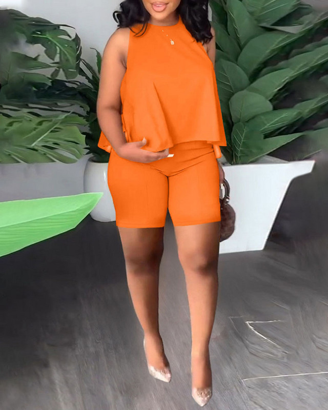 Elegantiški moteriški marškinėliai + šortai, 2 dalių komplektai 2023 m. vasaros mados stilius, kietos berankovės kelnės Kelnės Moteriškas kostiumas S-XXXL