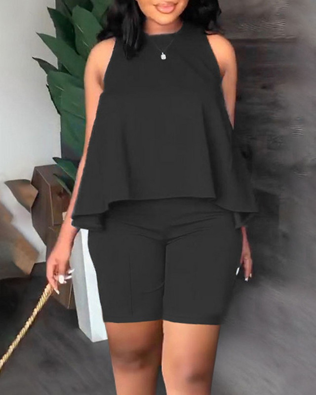 Elegantiški moteriški marškinėliai + šortai, 2 dalių komplektai 2023 m. vasaros mados stilius, kietos berankovės kelnės Kelnės Moteriškas kostiumas S-XXXL