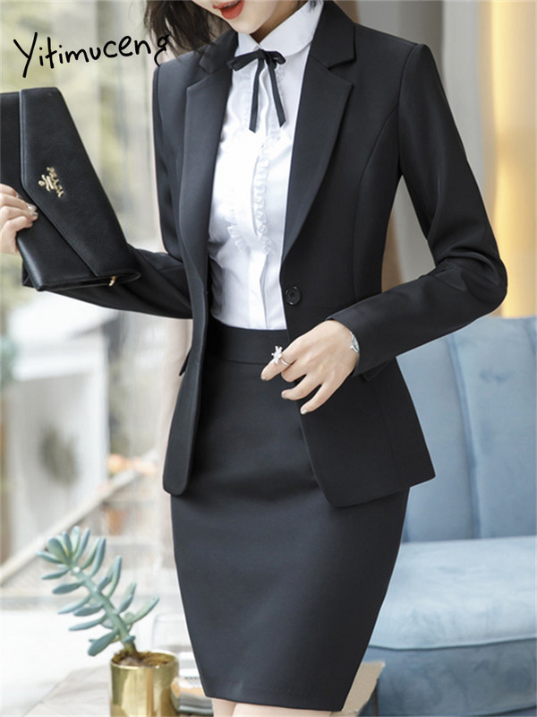Yitimuceng 2 daļiņu komplekti biroja apģērbam, sieviešu 2023. gada modes pogām, tievs, garām piedurknēm, žaketeņi, kostīmi ar augstu vidukli.