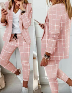 Biroja divdaļīgs komplekts sievietēm Šalle apkakle ar garām piedurknēm ikdienas darbam Vidēji elastīga rūtainā drukas žakete un aukliņu bikšu komplekts