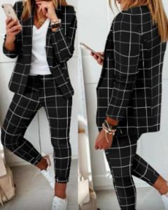 Biroja divdaļīgs komplekts sievietēm Šalle apkakle ar garām piedurknēm ikdienas darbam Vidēji elastīga rūtainā drukas žakete un aukliņu bikšu komplekts
