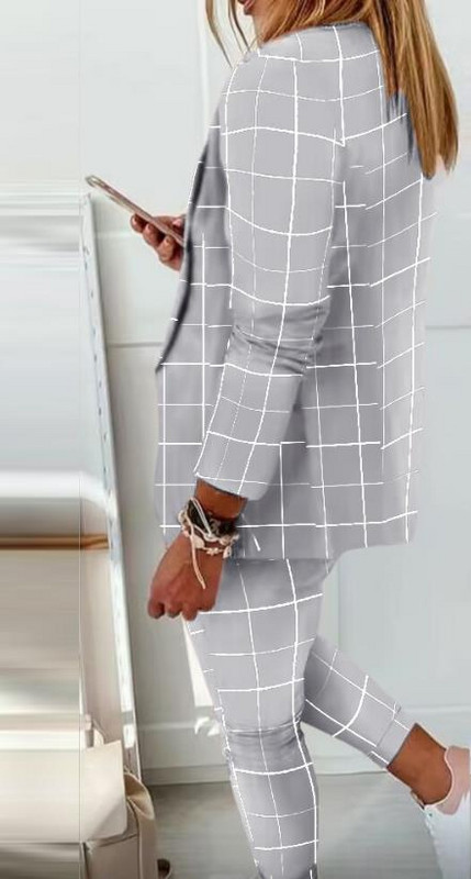 Biroja divdaļīgs komplekts sievietēm Šalle apkakle ar garām piedurknēm ikdienas darbam Vidēji elastīga rūtainā drukas žakete un aukliņu bikšu komplekts