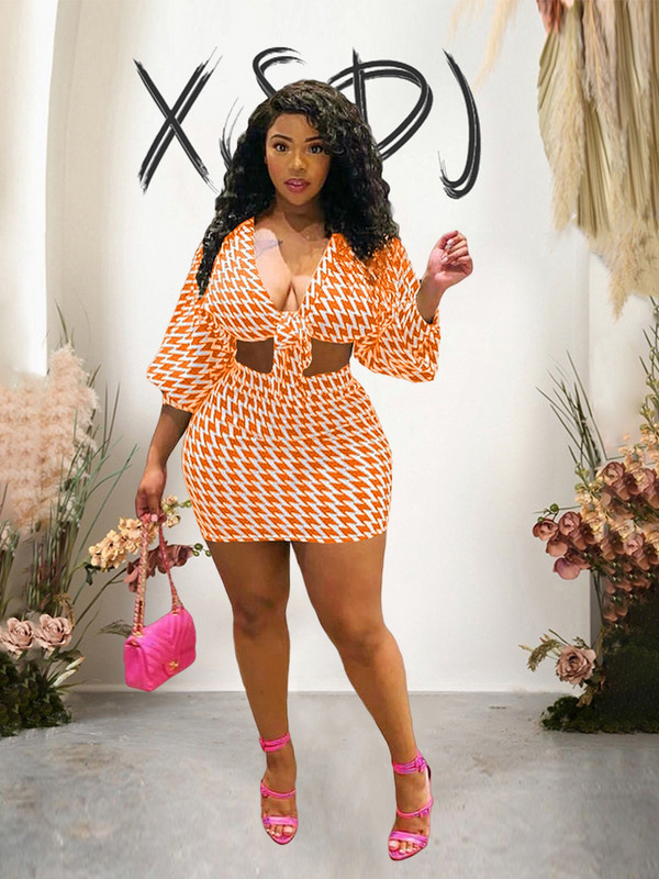 Eleganti sieviešu uzvalki, apdrukas pavasara drēbes, divdaļīgs komplekts ar garām piedurknēm, seksīgs V kakla augšdaļas un svārku tērpu komplekts, 5xl liela izmēra