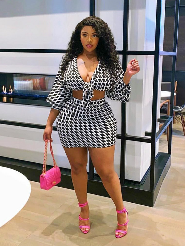 Eleganti sieviešu uzvalki, apdrukas pavasara drēbes, divdaļīgs komplekts ar garām piedurknēm, seksīgs V kakla augšdaļas un svārku tērpu komplekts, 5xl liela izmēra