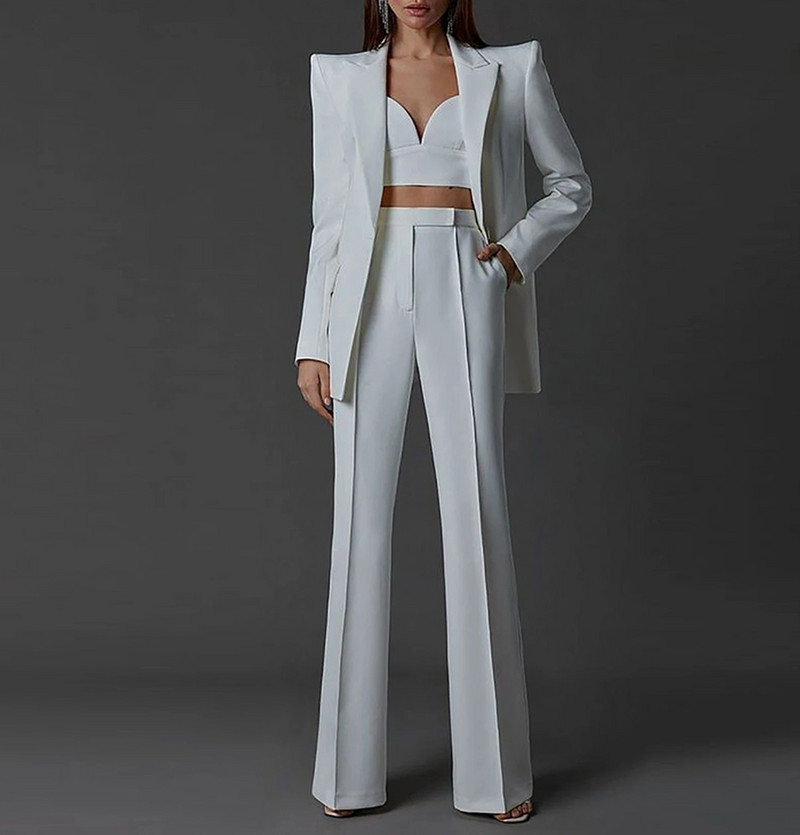 Fehér női öltönyök nadrágok vékony szettek 2 db blézer nadrág egysoros esti parti személyre szabott viselet formális anyaruha