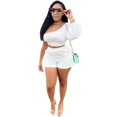 CM.YAYA sieviešu komplekts, stingrs viena pleca, pilnas pufīgas piedurknes, šķībi apkakle, apgriezti topi, kabatas šorti, divdaļīgs sporta tērps, vasaras apģērbs