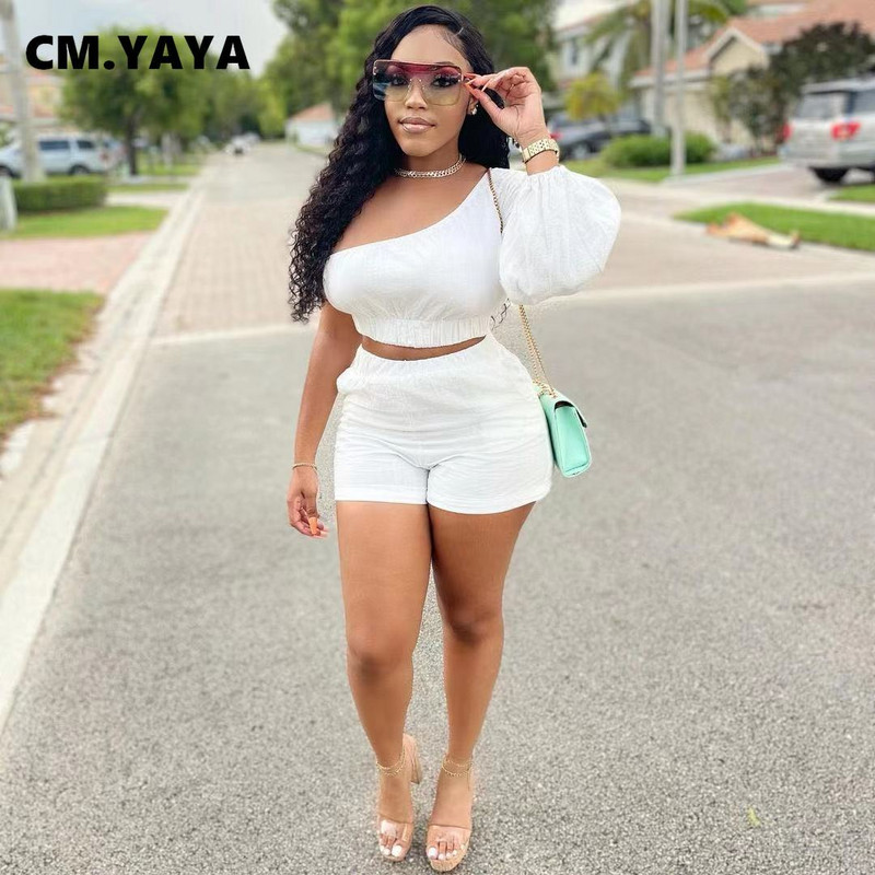 CM.YAYA sieviešu komplekts, stingrs viena pleca, pilnas pufīgas piedurknes, šķībi apkakle, apgriezti topi, kabatas šorti, divdaļīgs sporta tērps, vasaras apģērbs