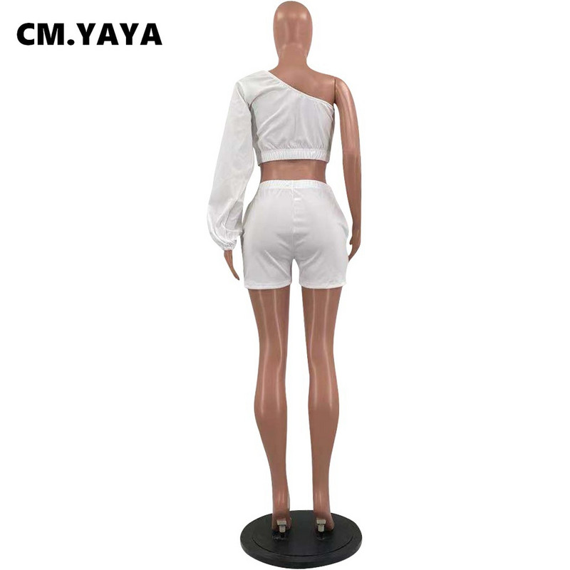 CM.YAYA sieviešu komplekts, stingrs viena pleca, pilnas pufīgas piedurknes, šķībi apkakle, apgriezti topi, kabatas šorti, divdaļīgs sporta tērps, vasaras apģērbs