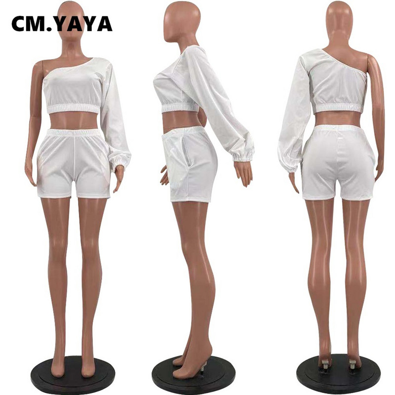 CM.YAYA sieviešu komplekts, stingrs viena pleca, pilnas pufīgas piedurknes, šķībi apkakle, apgriezti topi, kabatas šorti, divdaļīgs sporta tērps, vasaras apģērbs