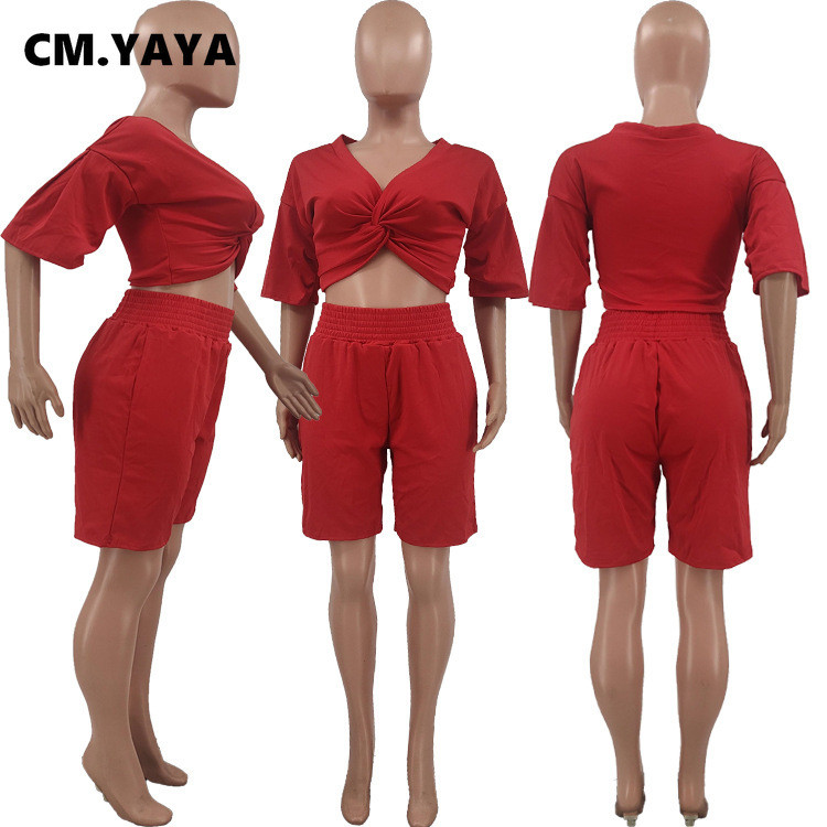 CM.YAYA Active eleganti sieviešu divi 2 daļiņu komplekti, 2022. gada vasaras drapēti V veida kakla izgriezuma augšdaļa un uzliesmojoši šorti, kas atbilst sporta tērpa komplektam
