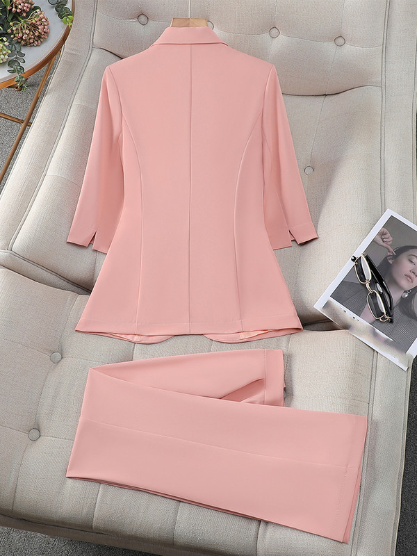 Sieviešu biroja bikškostīms, 2 daļ. komplekts, sieviešu, rozā, dzeltens, balts sieviešu darba apģērbs, žakete un bikses