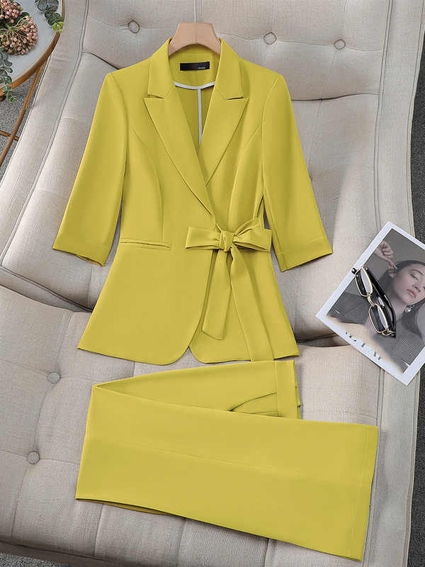 Sieviešu biroja bikškostīms, 2 daļ. komplekts, sieviešu, rozā, dzeltens, balts sieviešu darba apģērbs, žakete un bikses