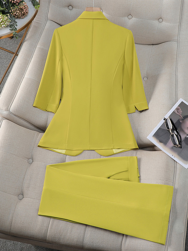 Sieviešu biroja bikškostīms, 2 daļ. komplekts, sieviešu, rozā, dzeltens, balts sieviešu darba apģērbs, žakete un bikses