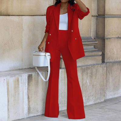 Divu gabalu sieviešu žakešu bikšu komplekti vienkrāsains divrindu atloks jaka platas bikses rudens ziemas dāmu uzvalks birojam