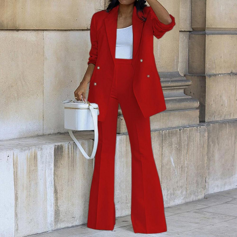 Divu gabalu sieviešu žakešu bikšu komplekti vienkrāsains divrindu atloks jaka platas bikses rudens ziemas dāmu uzvalks birojam