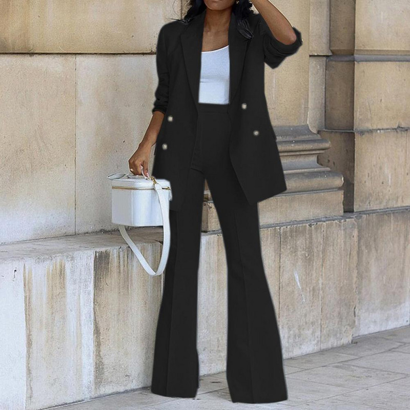 Divu gabalu sieviešu žakešu bikšu komplekti vienkrāsains divrindu atloks jaka platas bikses rudens ziemas dāmu uzvalks birojam