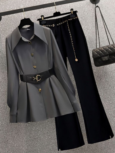 Sieviešu kostīmi Biroja komplekti Jauni pavasara džemperi ar garām piedurknēm, salokāmi kabatas žakete sievietēm vienkrāsains zvana dibens Mode elegance biroja dāma