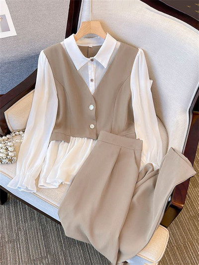 Korea Slim Patchwork Spordidressid Suure varrukatega särk Capris Kõrge vöökohaga ülikond püksid, 2 tükki Komplektid vabaaja rõivad