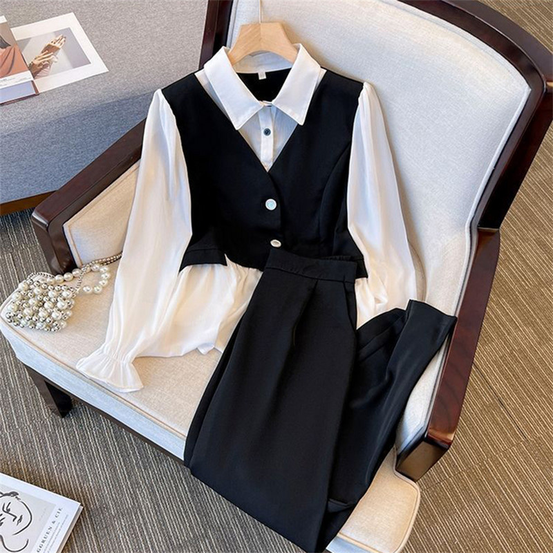 Korea Slim Patchwork Spordidressid Suure varrukatega särk Capris Kõrge vöökohaga ülikond püksid, 2 tükki Komplektid vabaaja rõivad